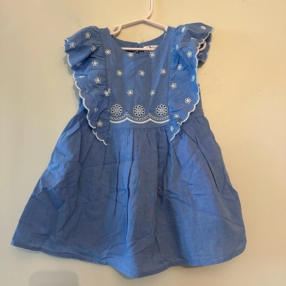 Cat & Jack Girls' Chambray Lace Dress Blue W/ White Floral Embroidery 3t nwot